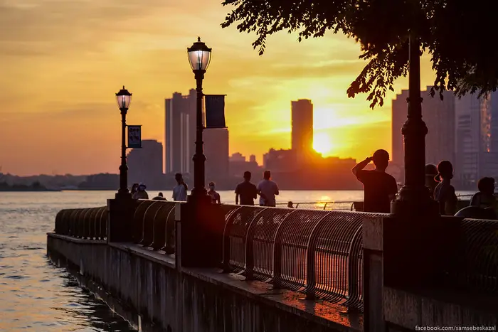 A photo of a sunset in Manhattan